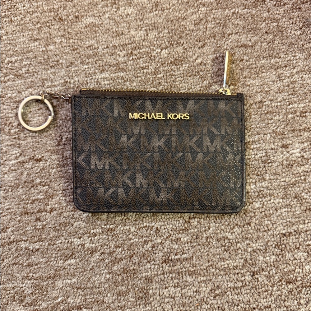 Michael Kors Brown Monogram Zip Card Case with Gold Hardware